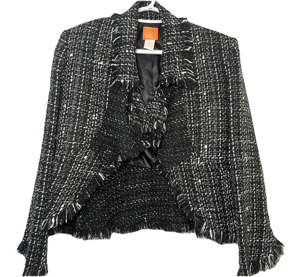 Hearts of Palm Black White Tweed Fringe Cropped Jacket Blazer Size 6 Boucle